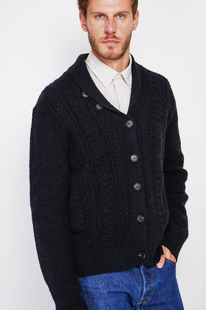 Long-sleeved twisted buttoned shawl collar cardigan