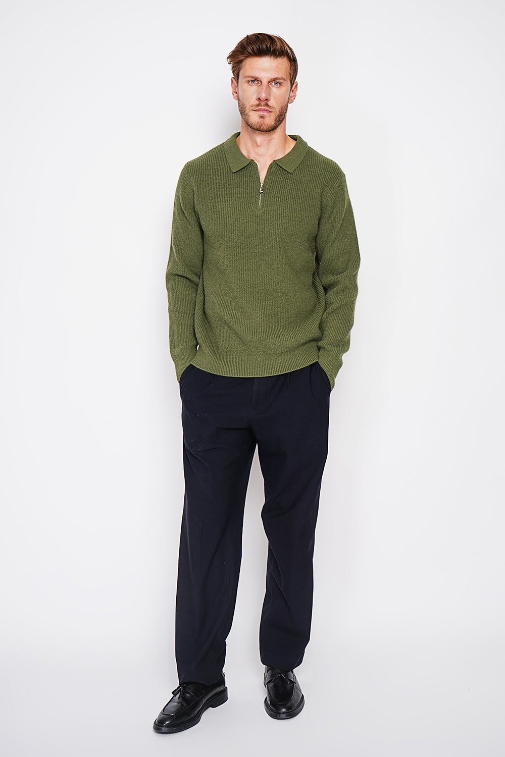 Half-zip polo sweater with long sleeves in 6 threads