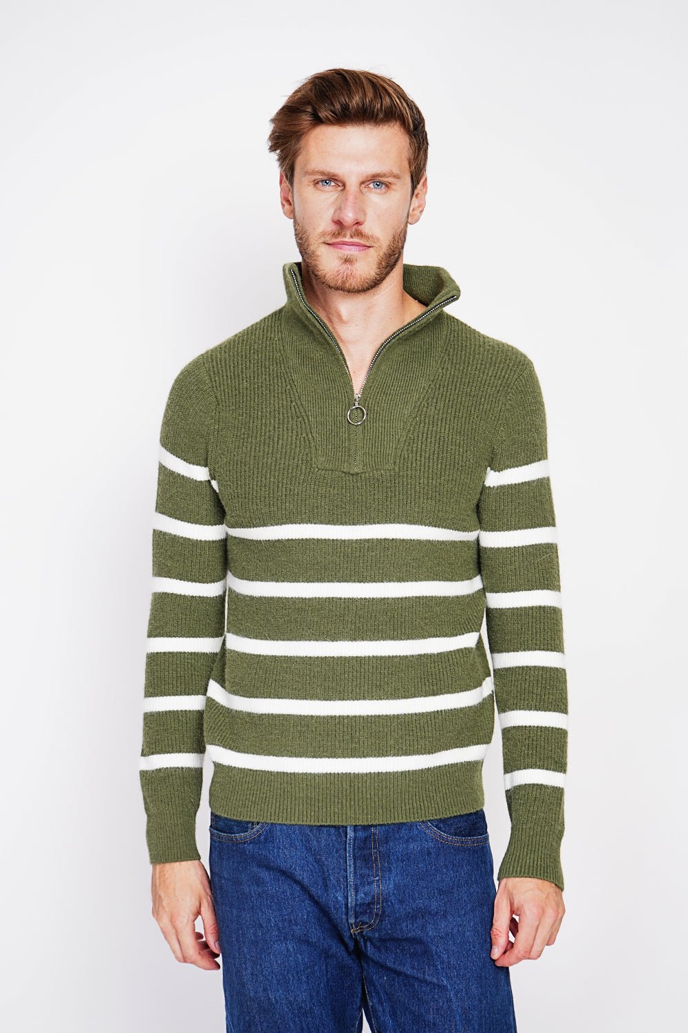 Fancy knitted sailor sweater with zipped trucker collar and sleeves