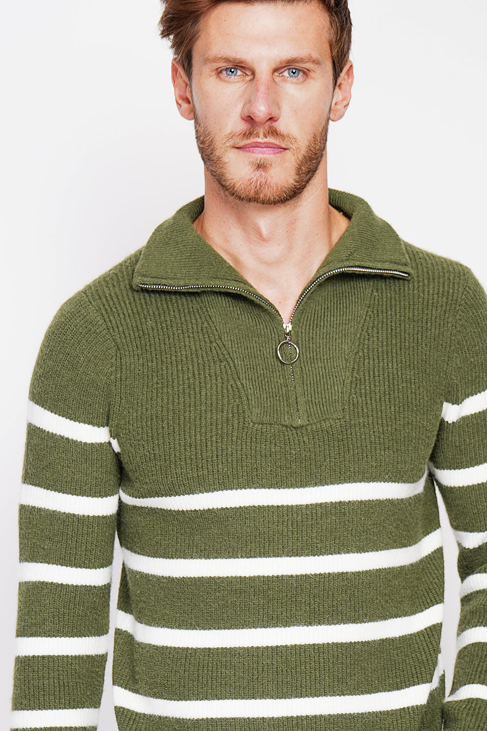 Fancy knitted sailor sweater with zipped trucker collar and sleeves