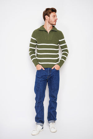 Fancy knitted sailor sweater with zipped trucker collar and sleeves