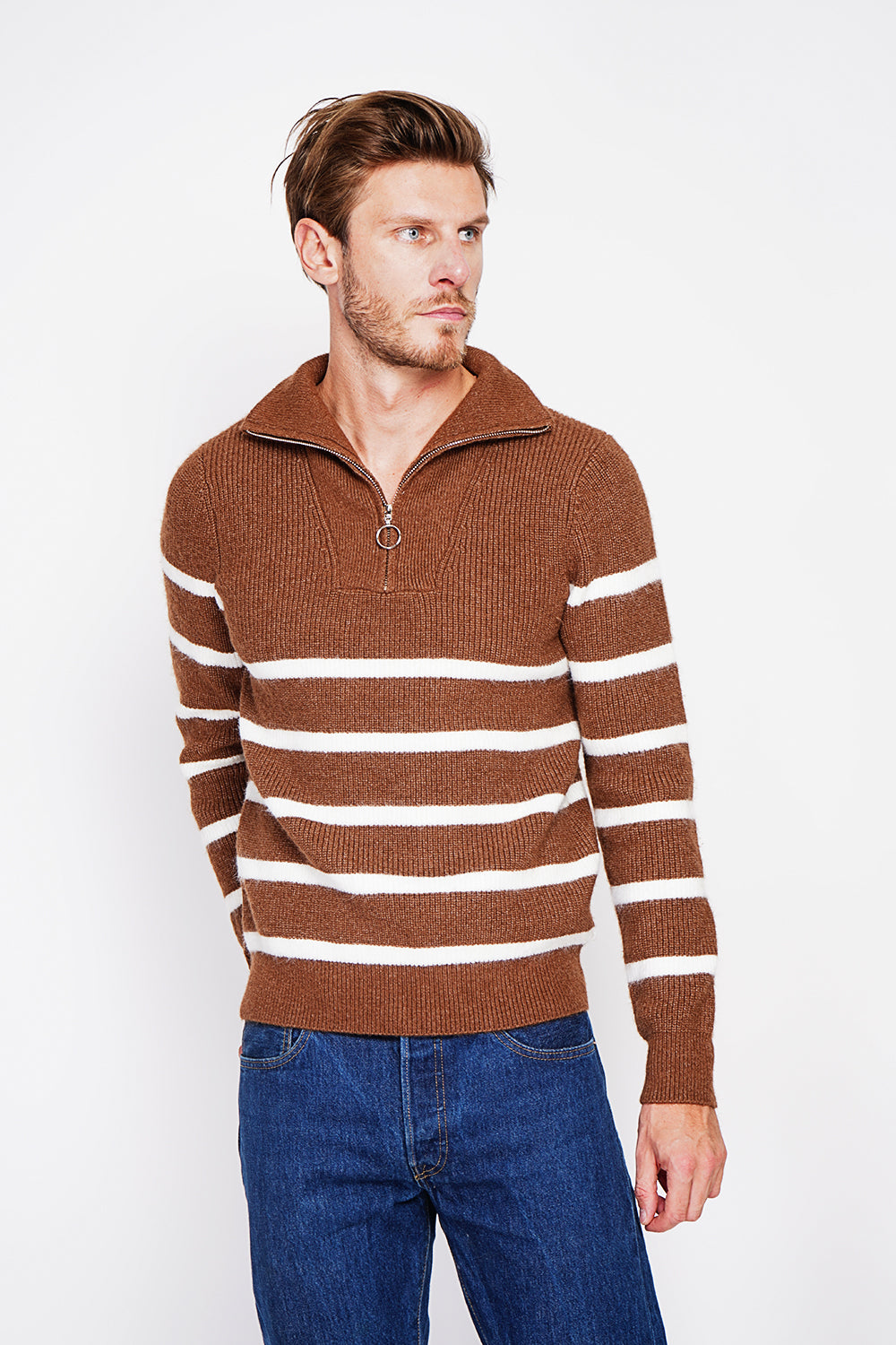 Fancy knitted sailor sweater with zipped trucker collar and sleeves