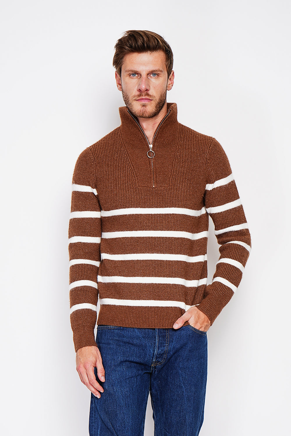 Fancy knitted sailor sweater with zipped trucker collar and sleeves