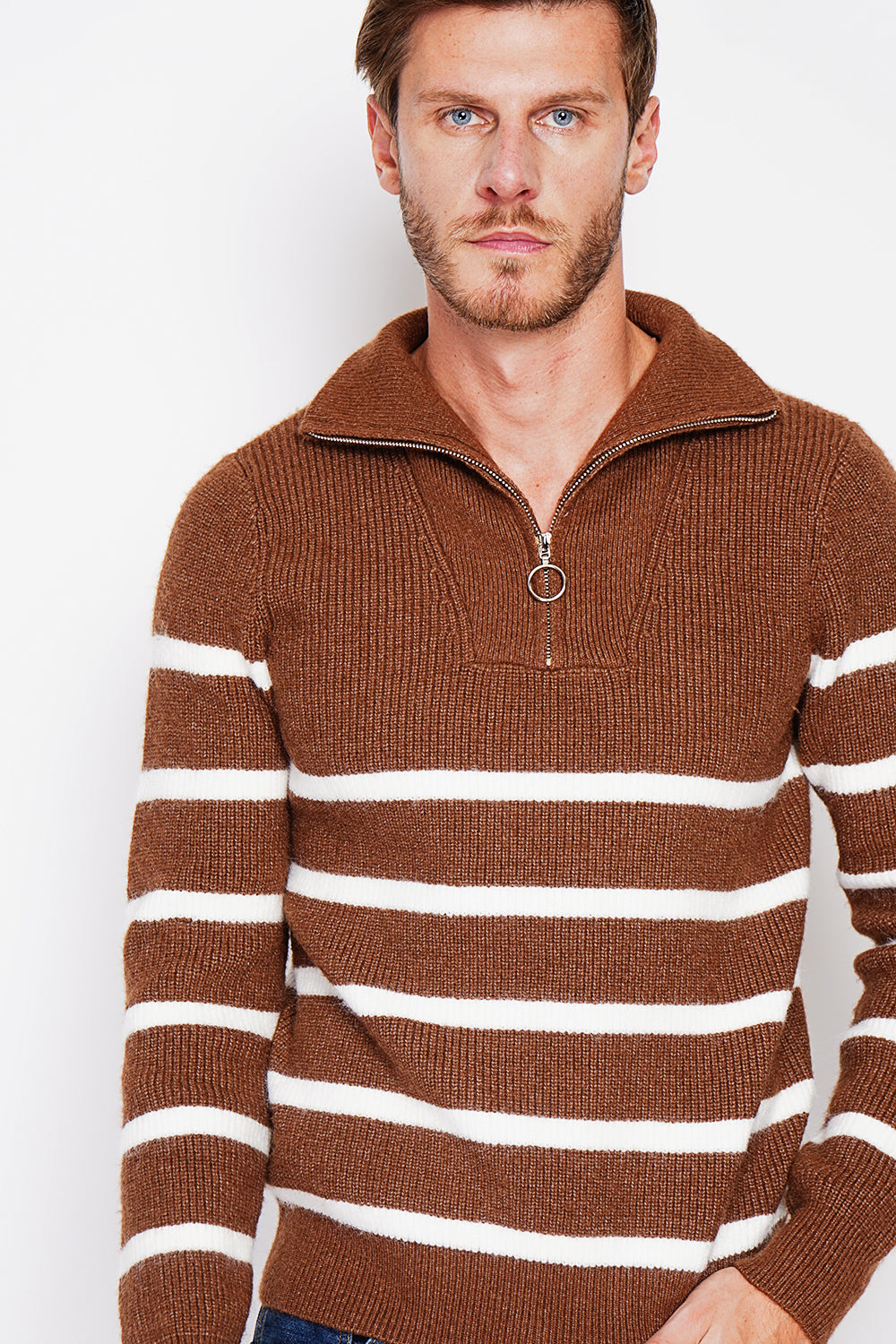 Fancy knitted sailor sweater with zipped trucker collar and sleeves