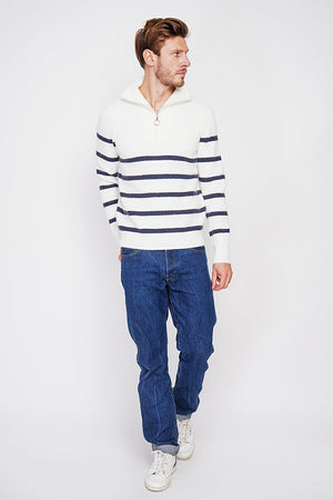 Fancy knitted sailor sweater with zipped trucker collar and sleeves