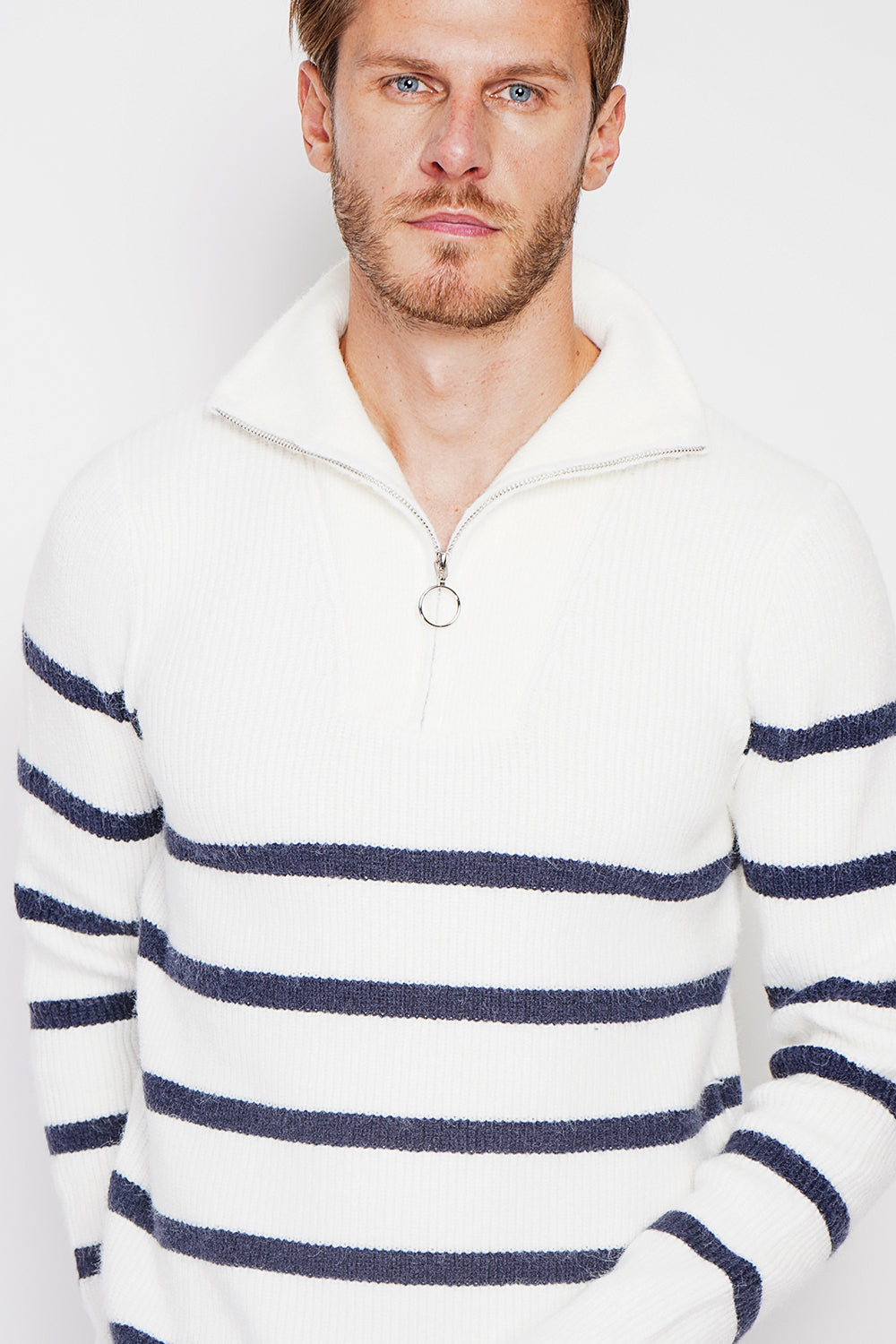 Fancy knitted sailor sweater with zipped trucker collar and sleeves