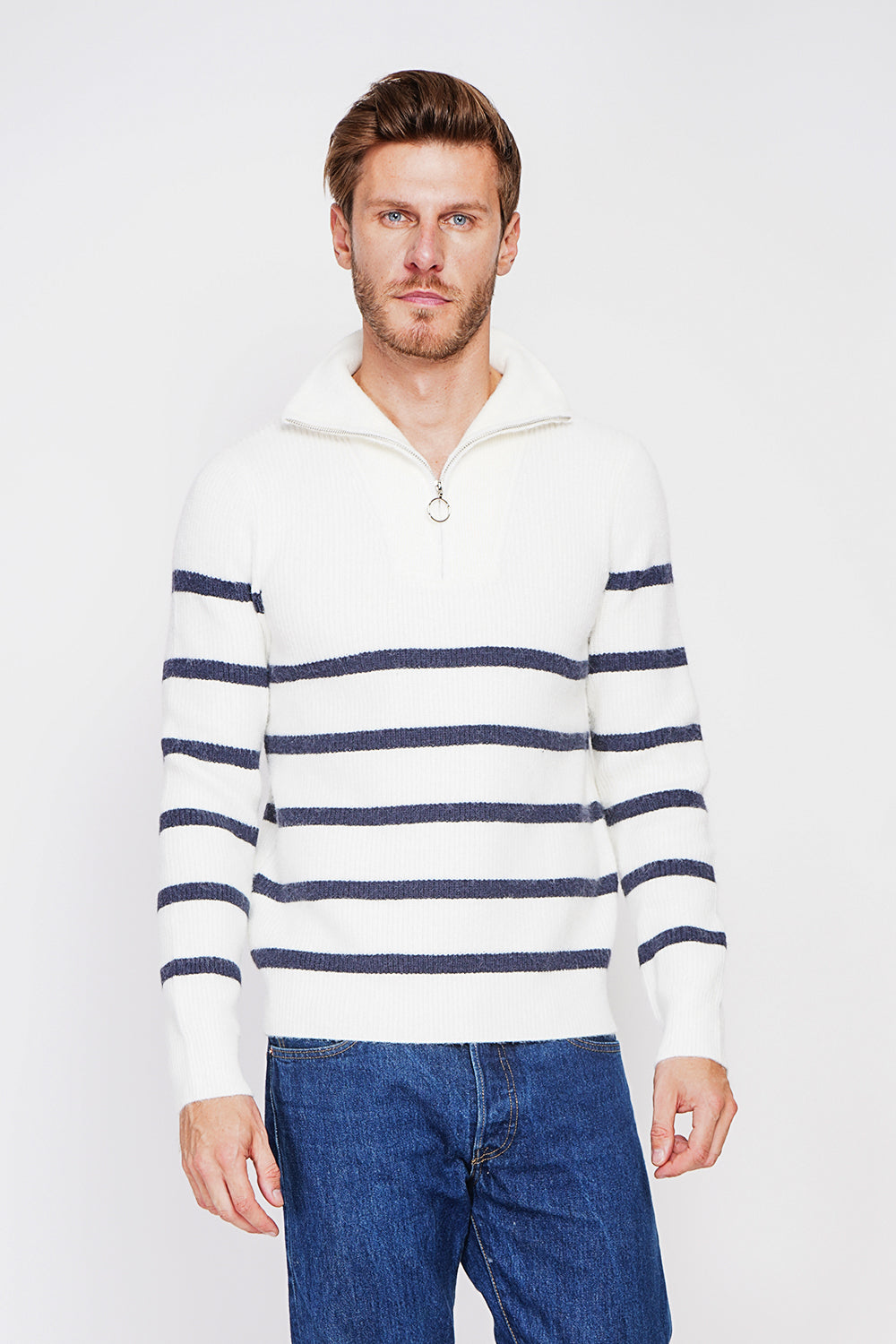 Fancy knitted sailor sweater with zipped trucker collar and sleeves