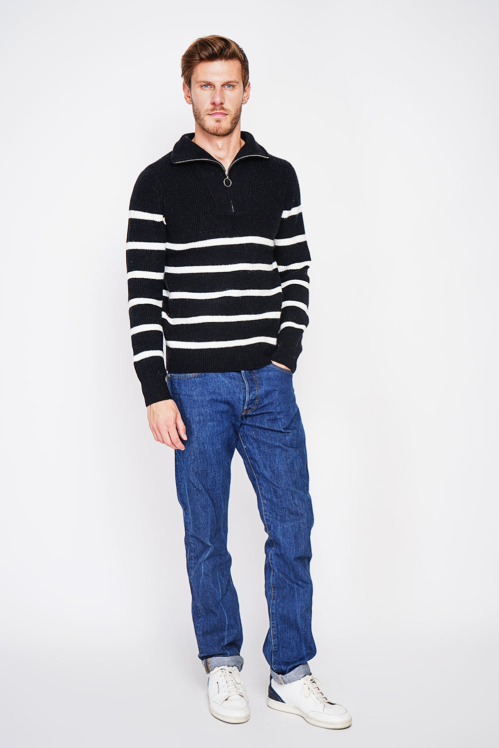Fancy knitted sailor sweater with zipped trucker collar and sleeves