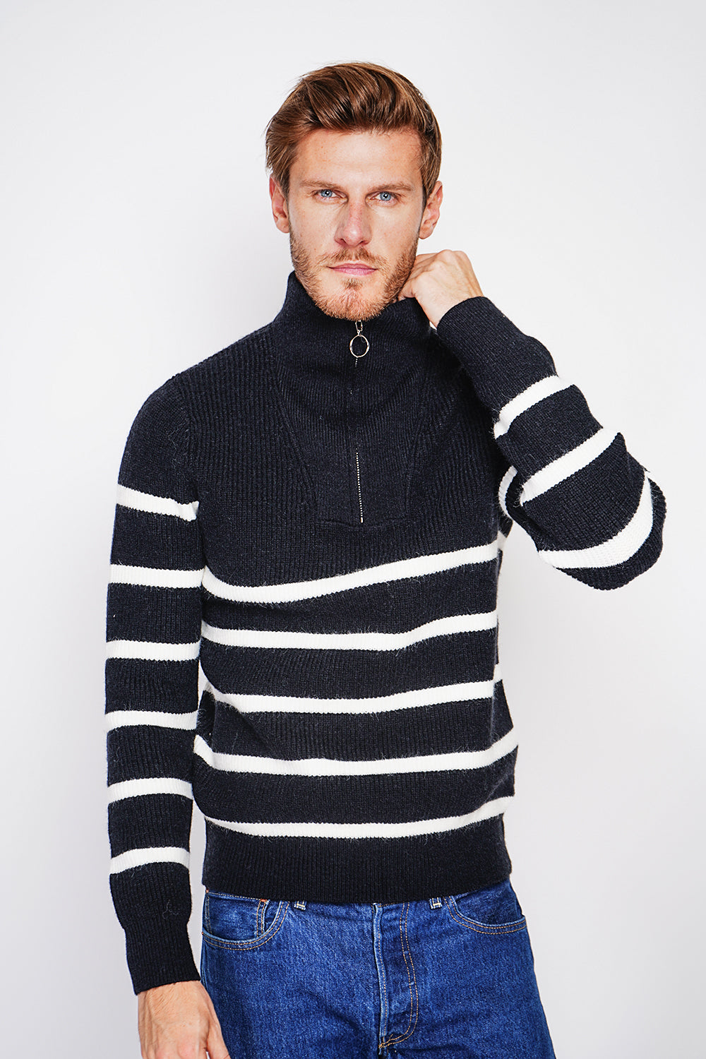 Fancy knitted sailor sweater with zipped trucker collar and sleeves