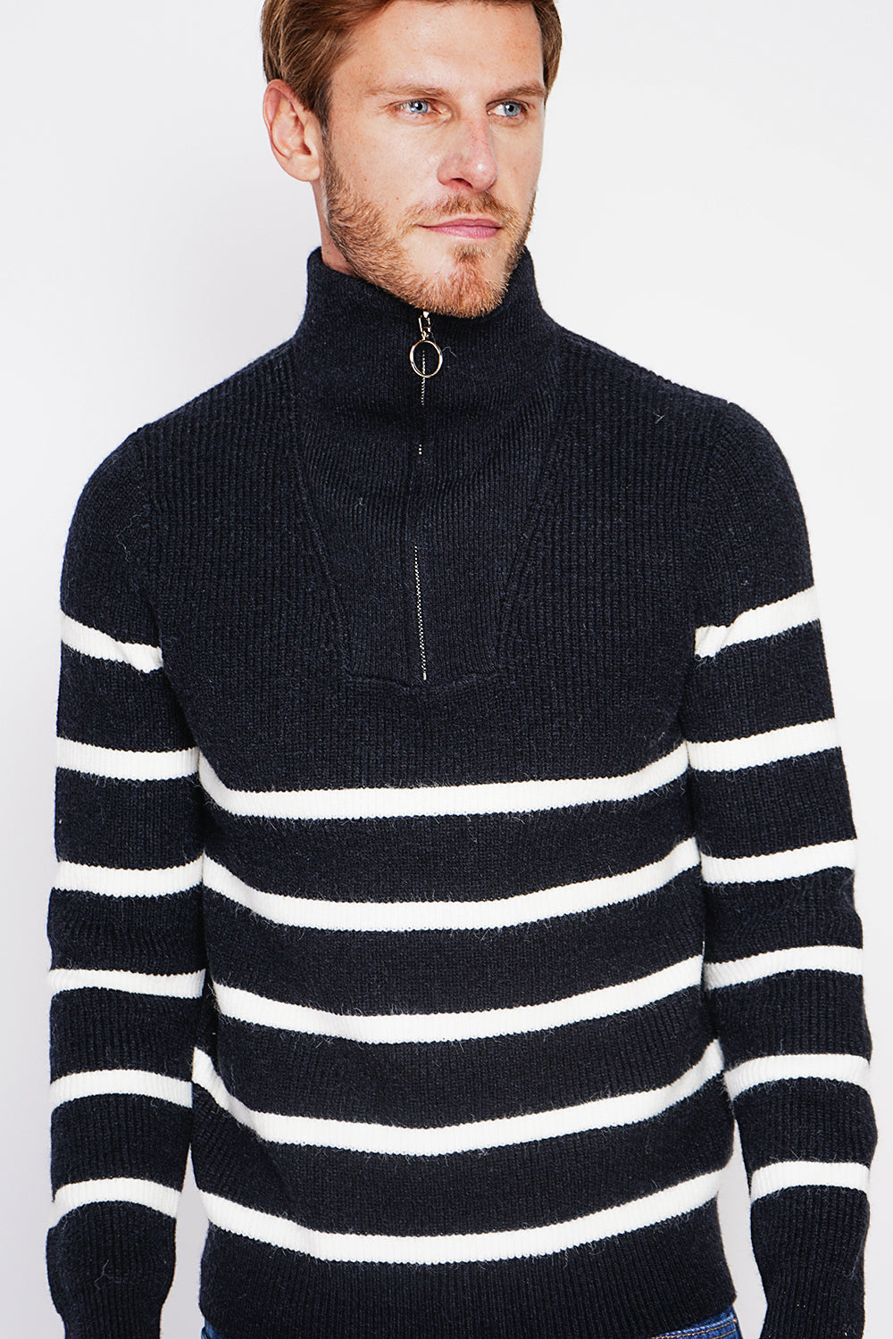 Fancy knitted sailor sweater with zipped trucker collar and sleeves