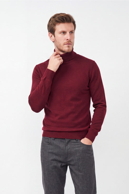 Classic turtleneck sweater, long sleeves, 2-ply knit – Wine red – William de Faye