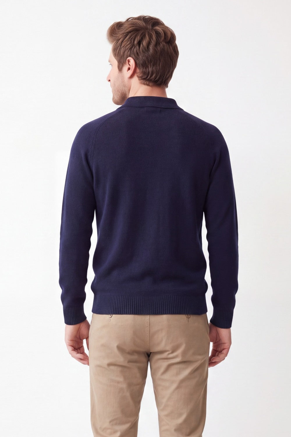 Polo collar sweater with buttons, long sleeves, 2-ply knit – Night blue – William de Faye