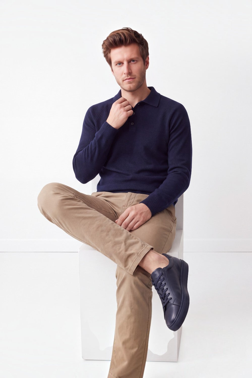 Pull homme col polo boutonné – Bleu nuit – William de Faye