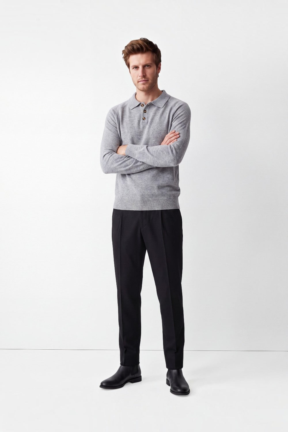 Pull homme col polo boutonné – Gris – William de Faye