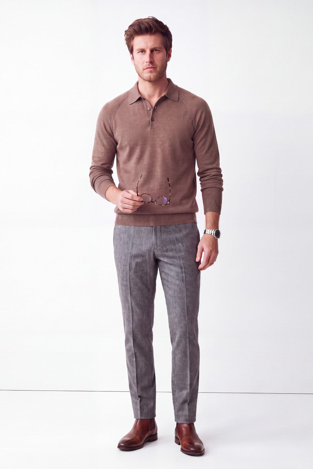 Pull homme col polo boutonné – Marron – William de Faye