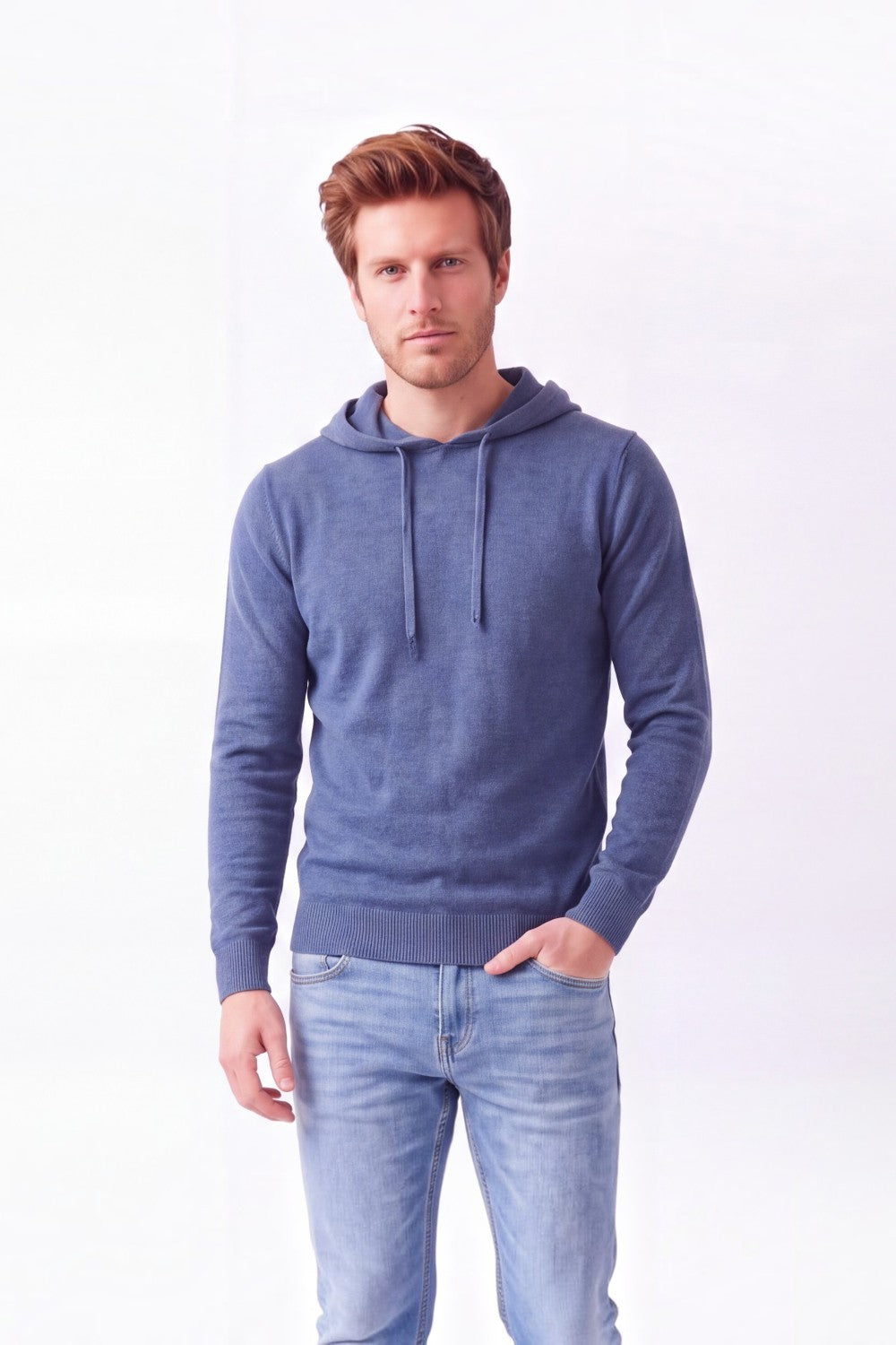 Hooded sweater with drawstring ends, long sleeves, 2-ply – Blue Jeans – William de Faye