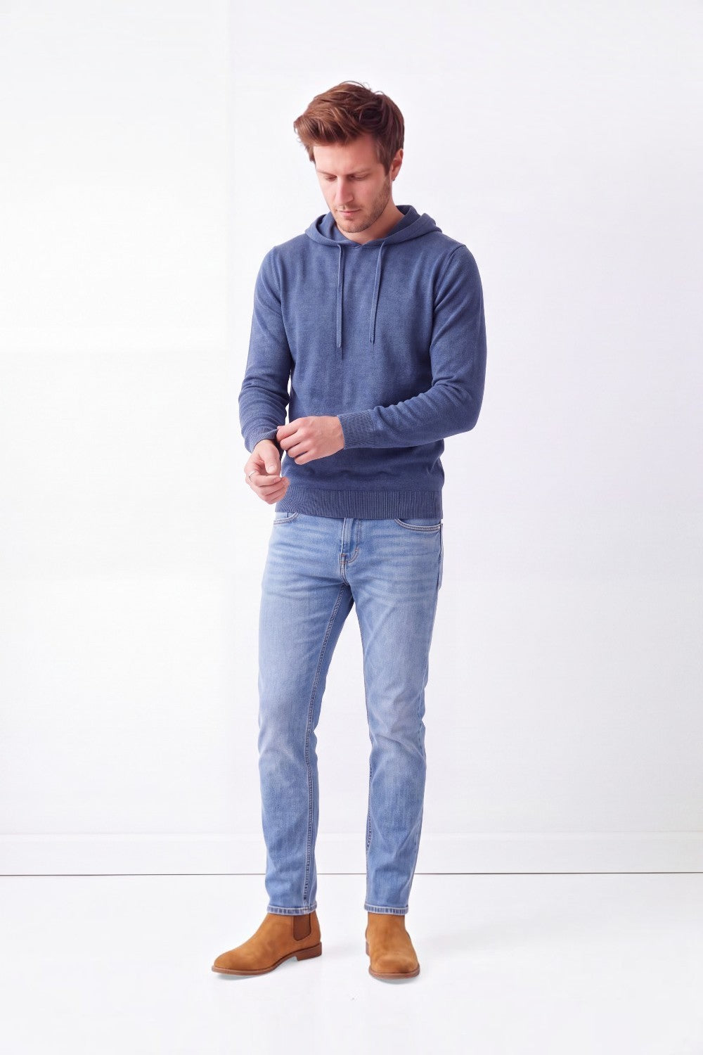 Hooded sweater with drawstring ends, long sleeves, 2-ply – Blue Jeans – William de Faye