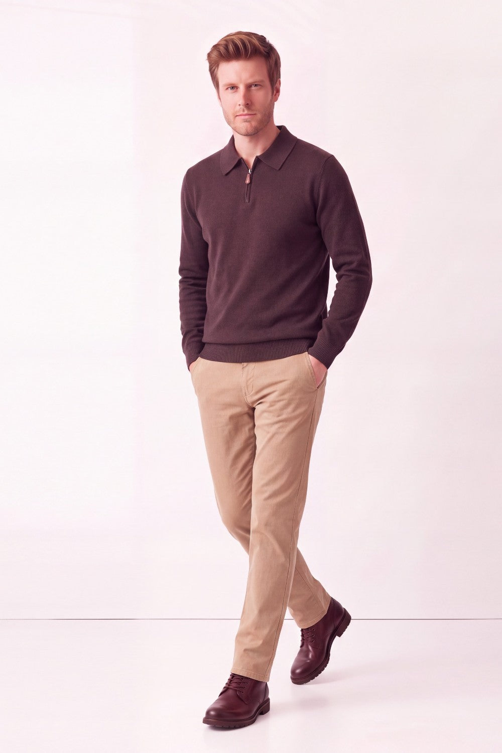 Pull homme polo demi-zippé – Café – William de Faye