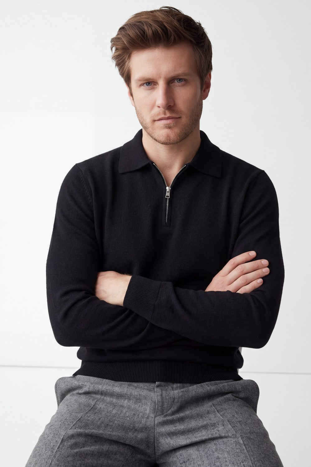 Pull homme polo demi-zippé – Noir – William de Faye