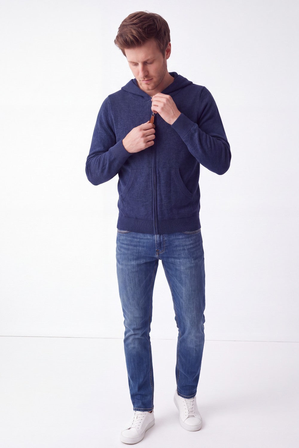 Zip-up hooded vest with drawstring and end caps, long sleeves, 2-ply – Night blue – William de Faye