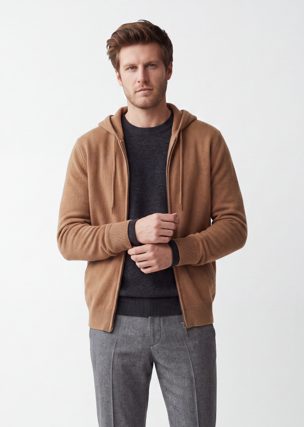 Gilet homme zippé à capuche – Camel – William de Faye
