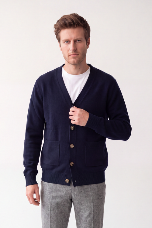 Classic V-neck cardigan, buttoned, patch pockets, long sleeves, 2-ply – Night blue – William de Faye