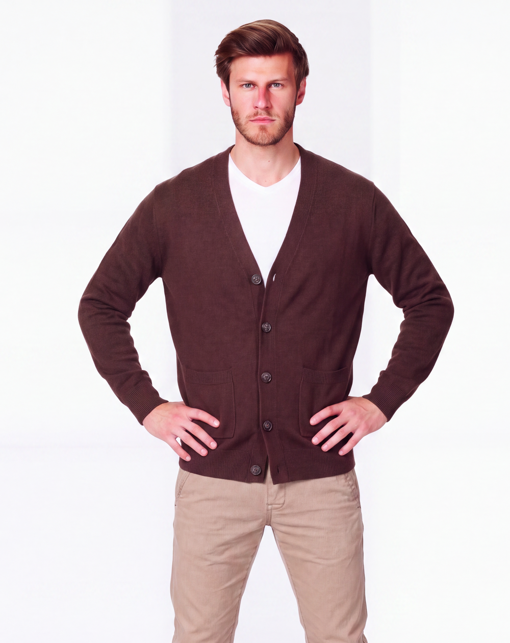 Gilet homme col V boutonné – Café – William de Faye