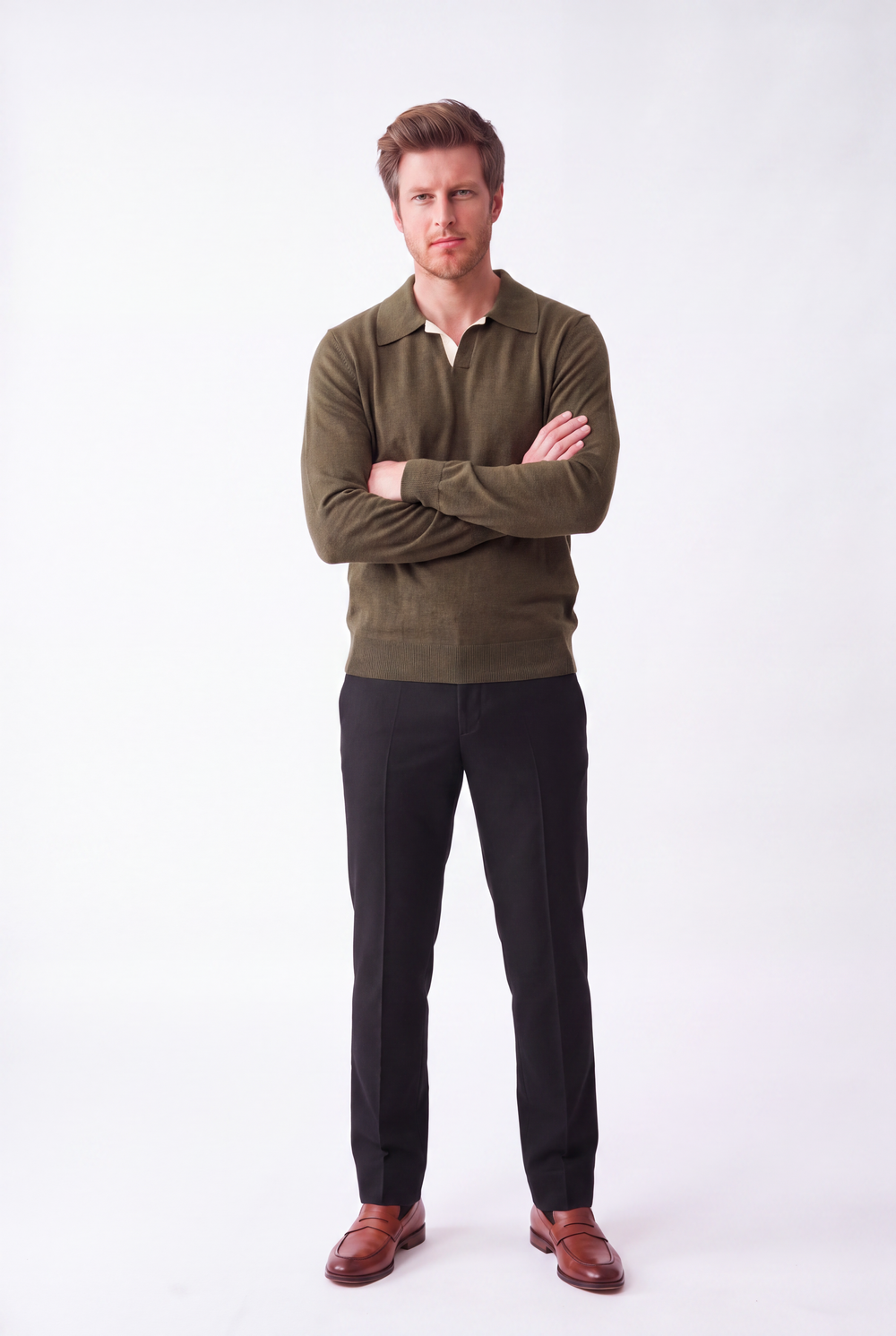 Oversized two-tone polo neck sweater, long sleeves, 2-ply – Khaki – William de Faye