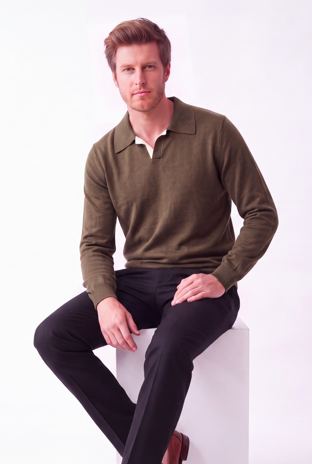Oversized two-tone polo neck sweater, long sleeves, 2-ply – Khaki – William de Faye