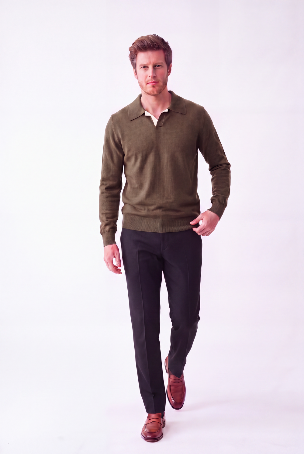 Oversized two-tone polo neck sweater, long sleeves, 2-ply – Khaki – William de Faye