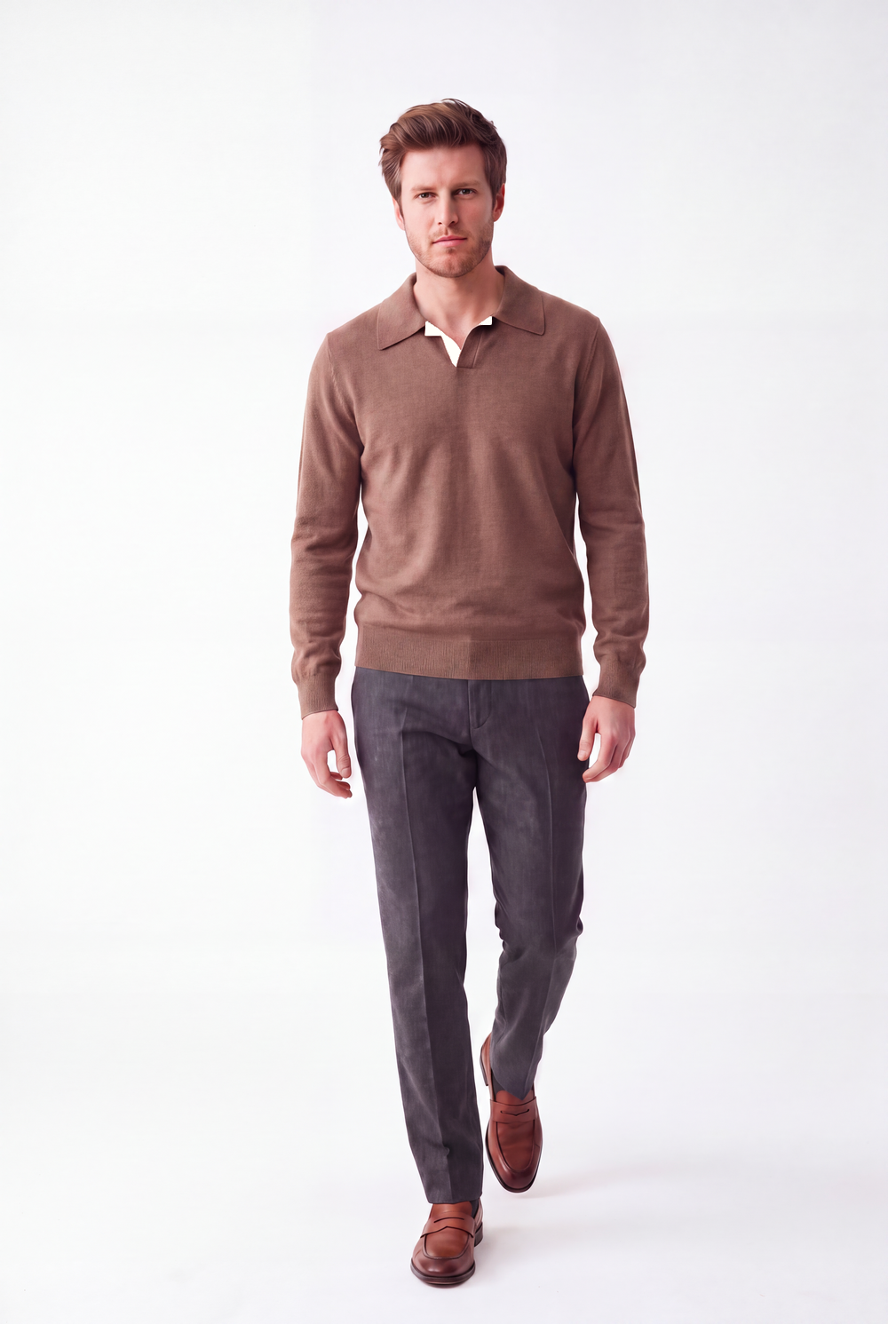 Pull homme col polo bicolore – Marron – William de Faye