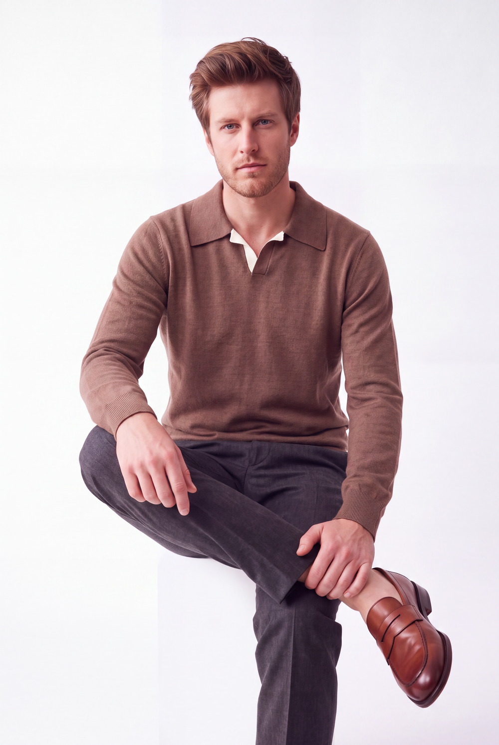 Pull homme col polo bicolore – Marron – William de Faye