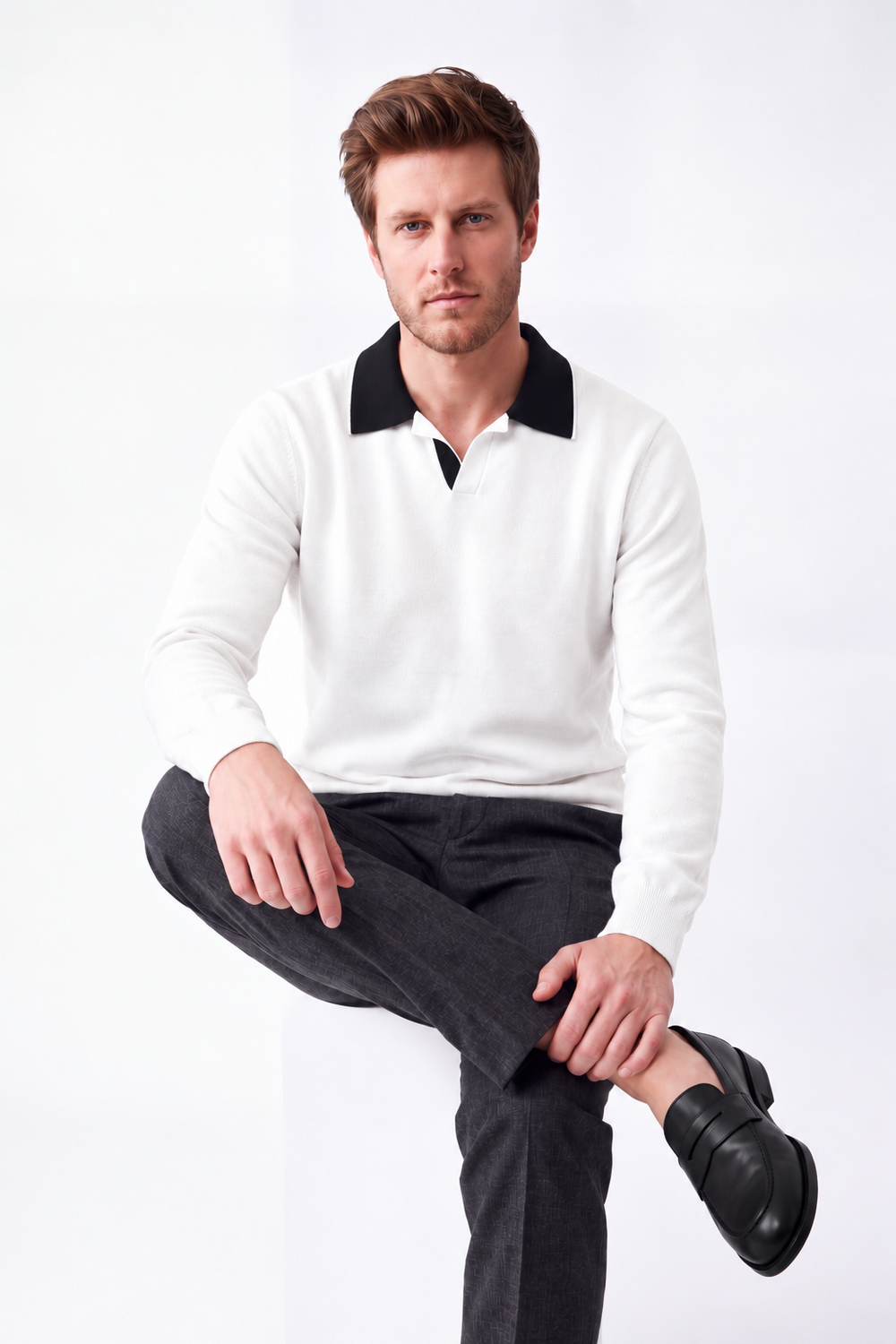 Pull homme col polo bicolore – Blanc cassé – William de Faye