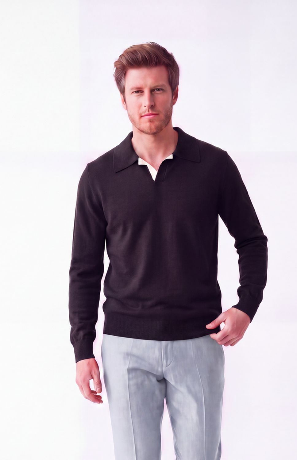 Pull homme col polo bicolore – Noir – William de Faye