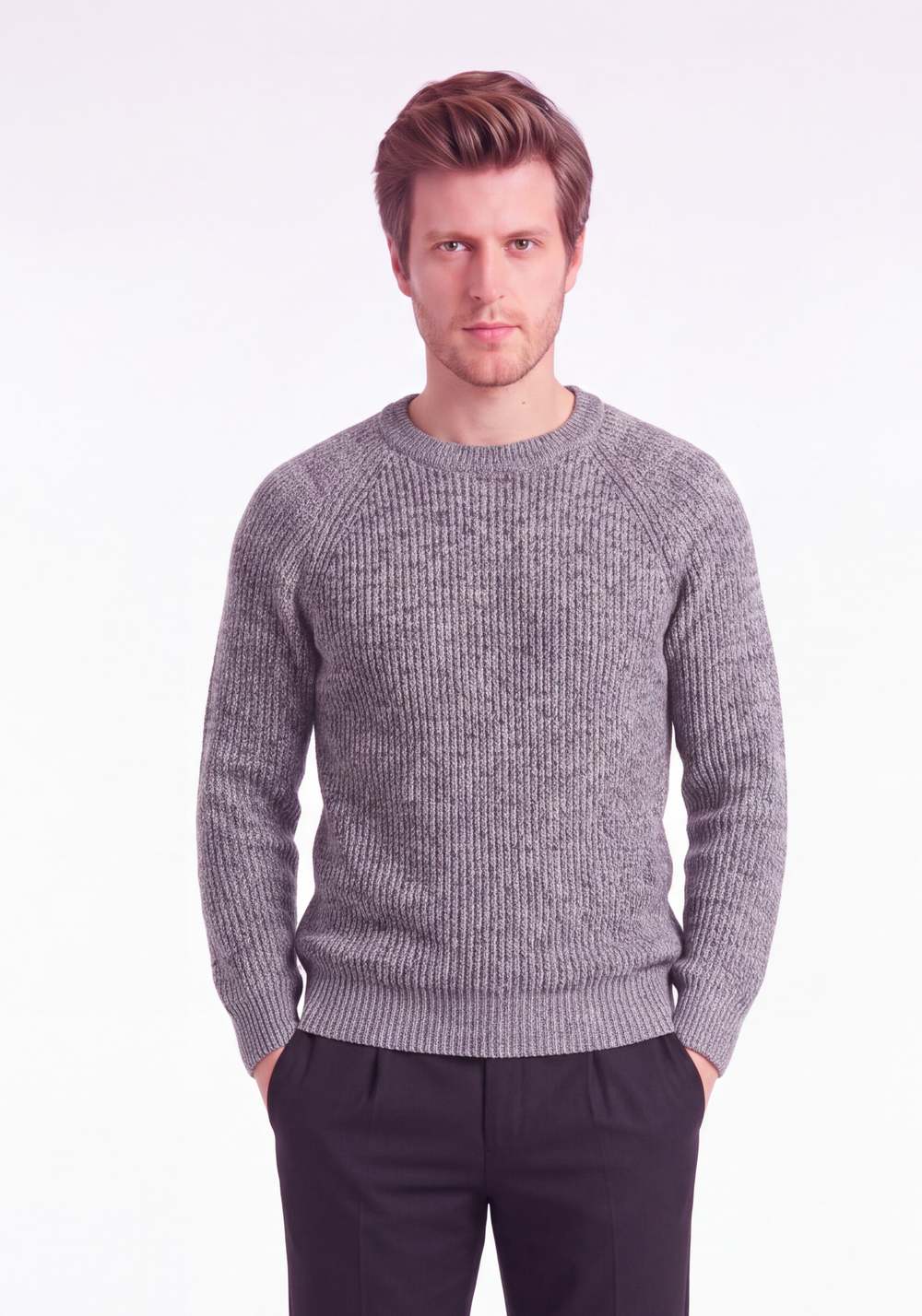 Pull homme col rond raglan 4 fils – Gris – William de Faye
