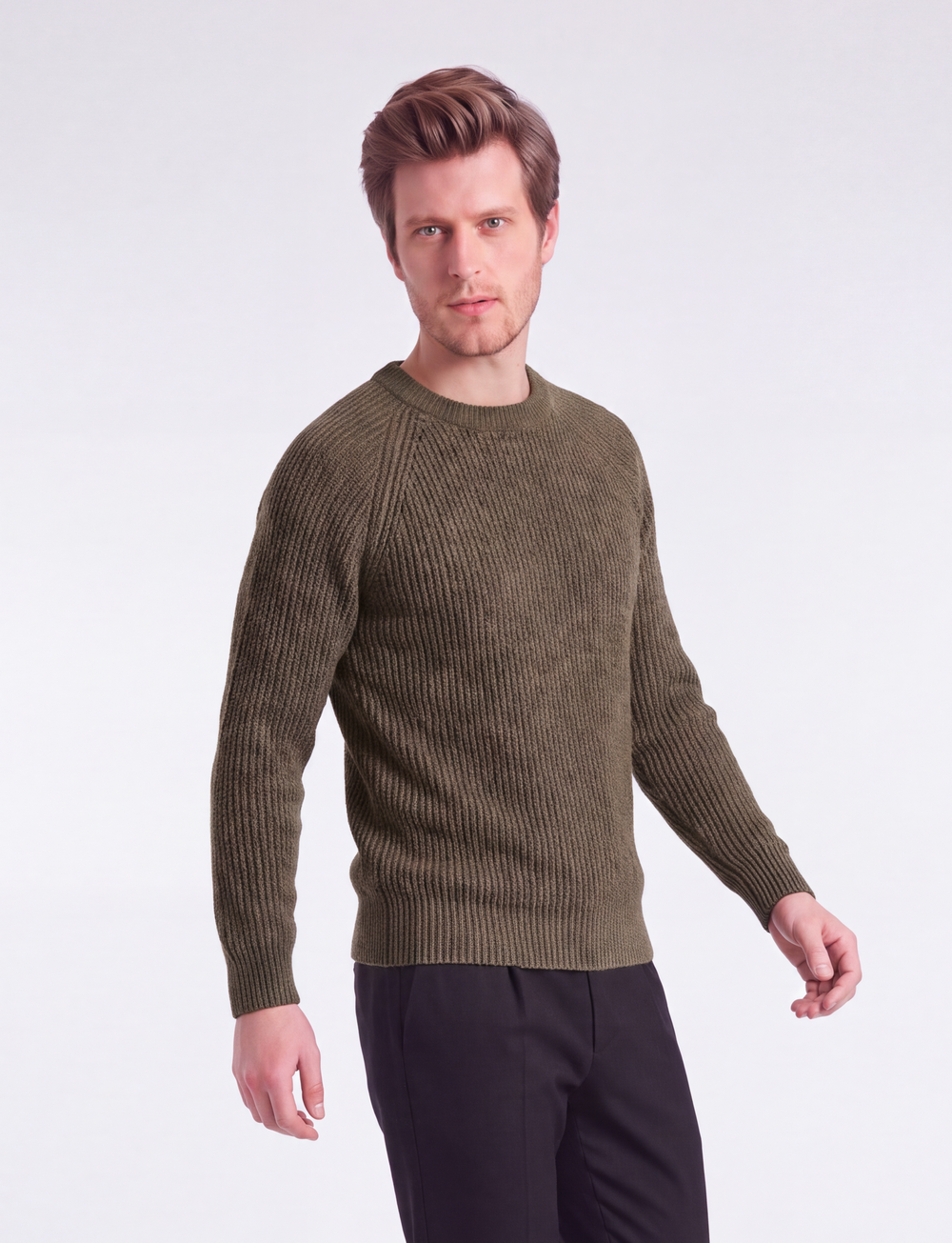 Pull homme col rond raglan 4 fils – Kaki – William de Faye