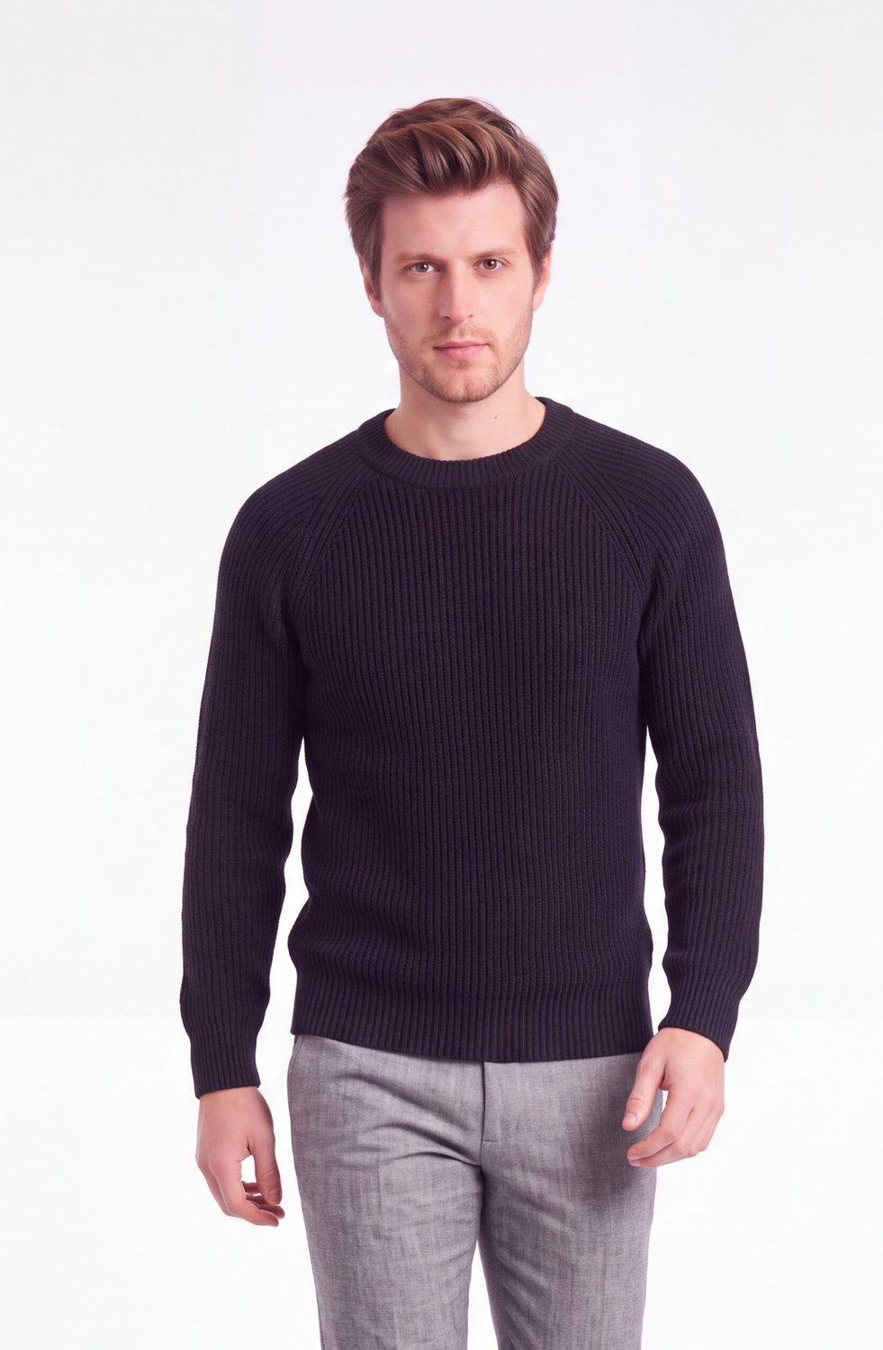 Pull homme col rond raglan 4 fils – Noir – William de Faye