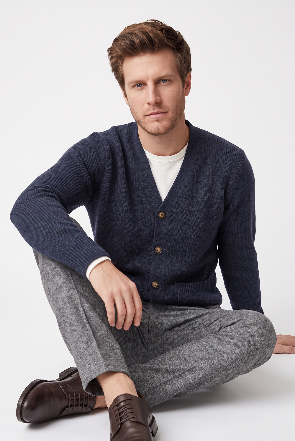 Pull homme col camionneur zippé 4 fils – Bleu nuit – William de Faye