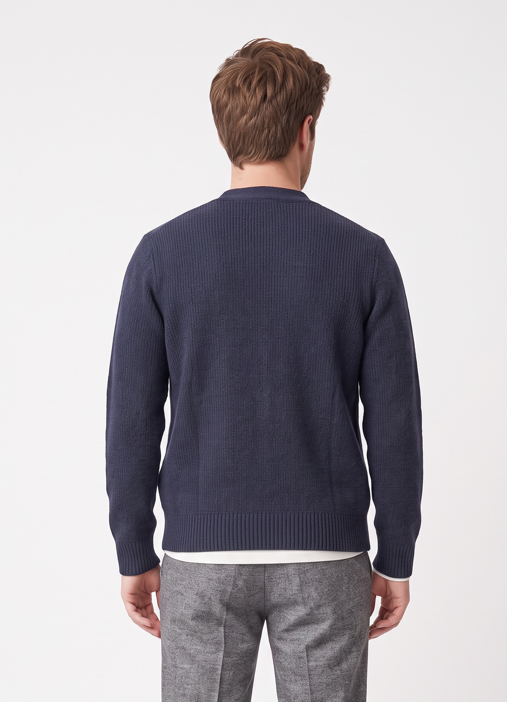Trucker-neck zip-up sweater, long sleeves, 4-ply – Night blue – William de Faye