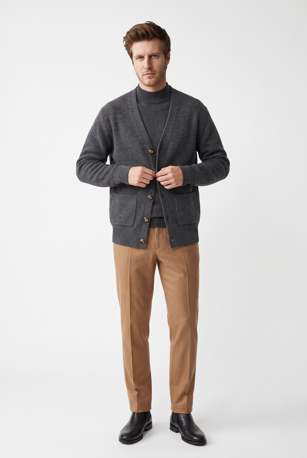 Pull homme col camionneur zippé 4 fils – Gris foncé – William de Faye