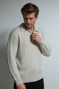 Men's long-sleeved 4-ply cable knit polo neck sweater – Cream – William de Faye