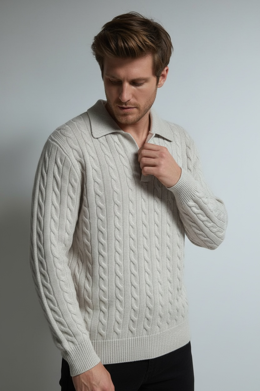 Pull homme col polo torsadé – Crème – William de Faye