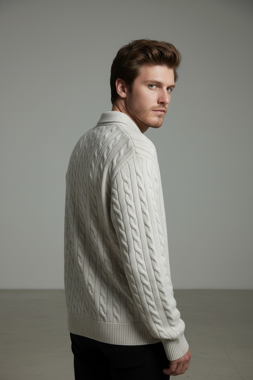 Pull homme col polo torsadé – Crème – William de Faye