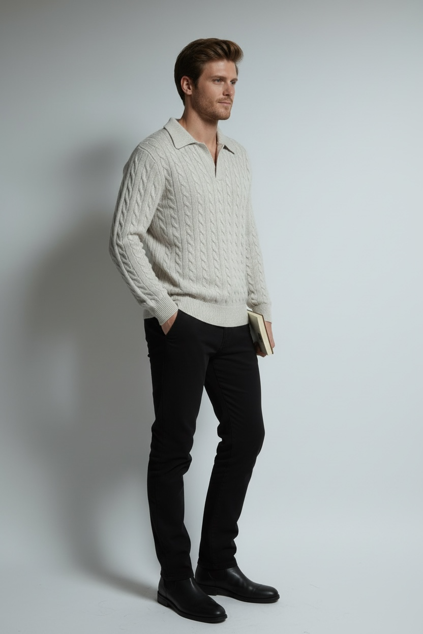 Pull homme col polo torsadé – Crème – William de Faye