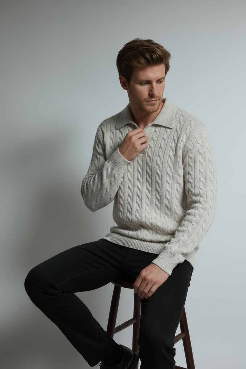 Pull homme col polo torsadé – Crème – William de Faye
