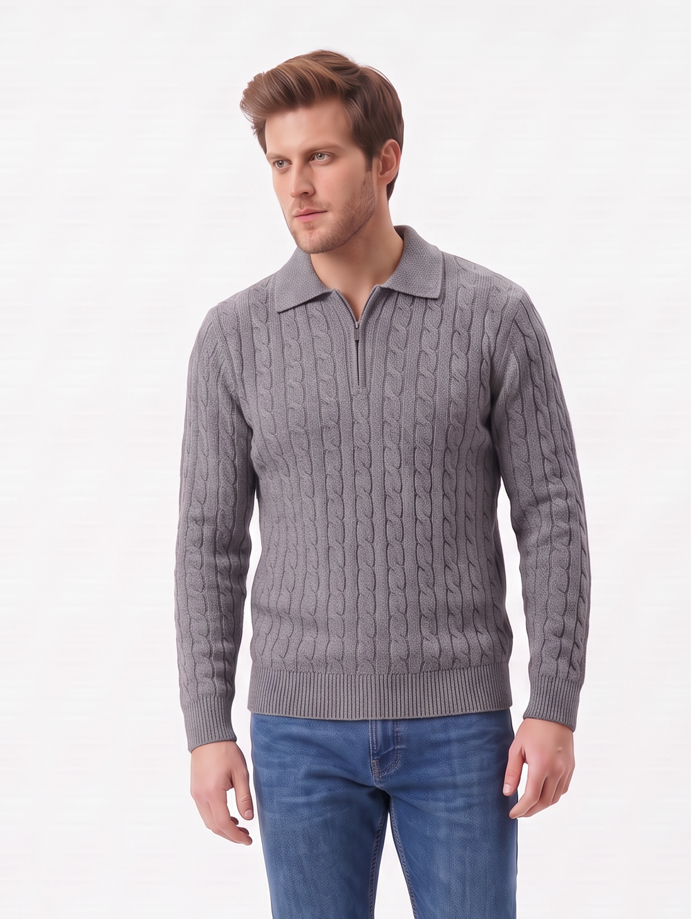 Pull homme col polo torsadé – Gris – William de Faye