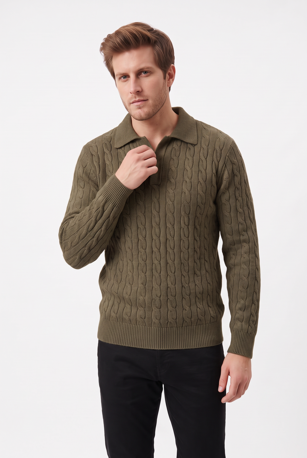 Pull homme col polo torsadé – Kaki – William de Faye