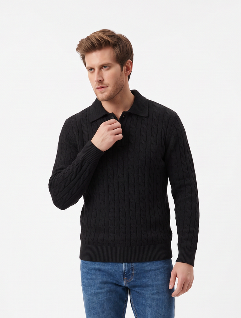 Pull homme col polo torsadé – Noir – William de Faye