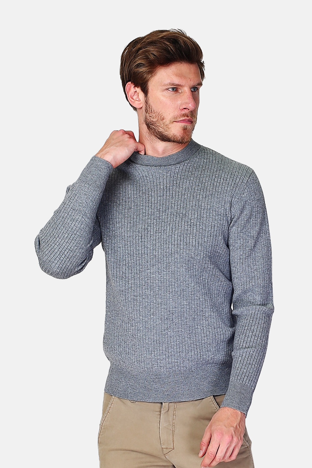 Long-sleeved 3-ply rib knit crewneck sweater