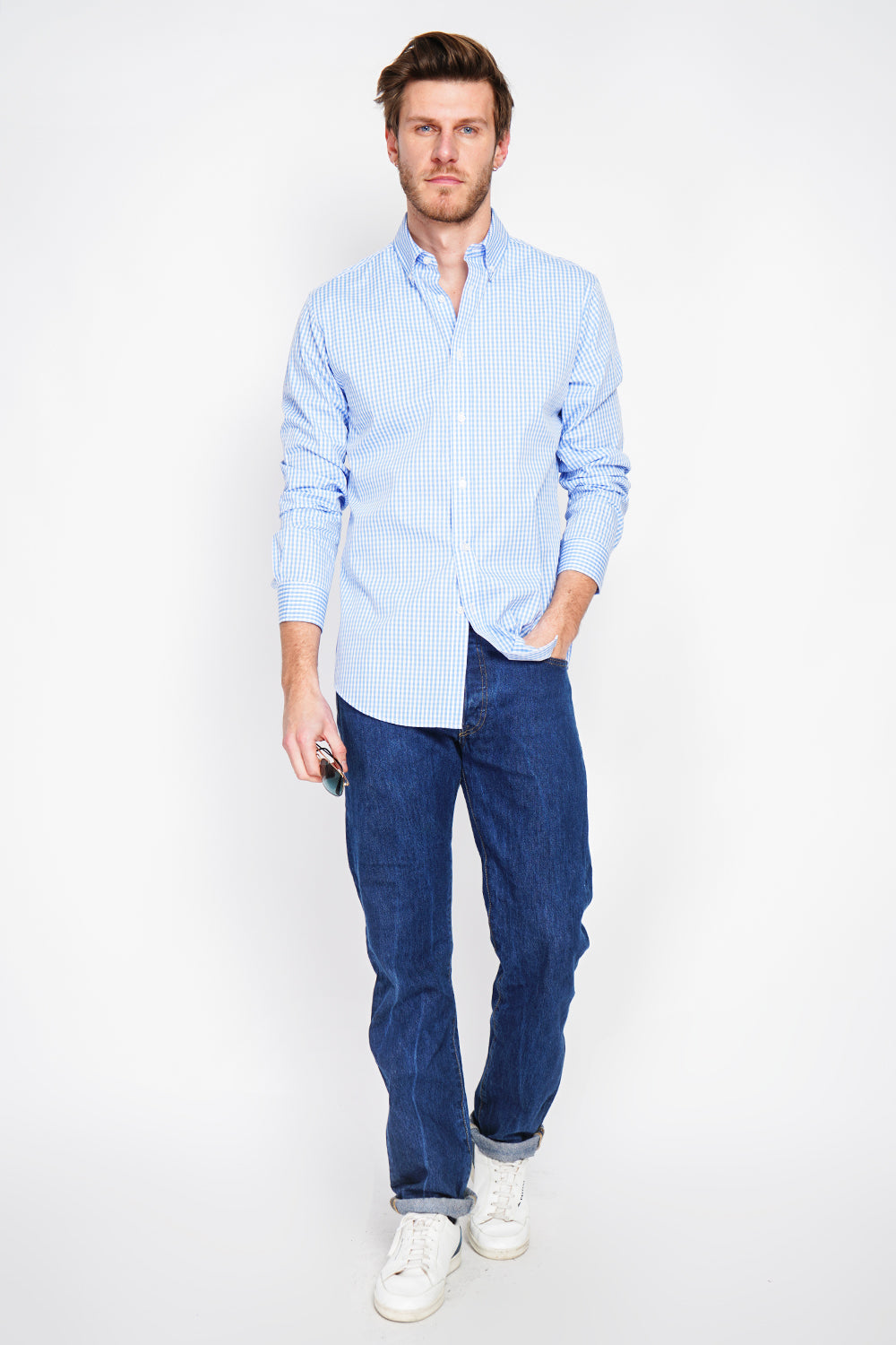 Chemise à carreaux en sergé de coton col italien – Bleu azur – William de Faye